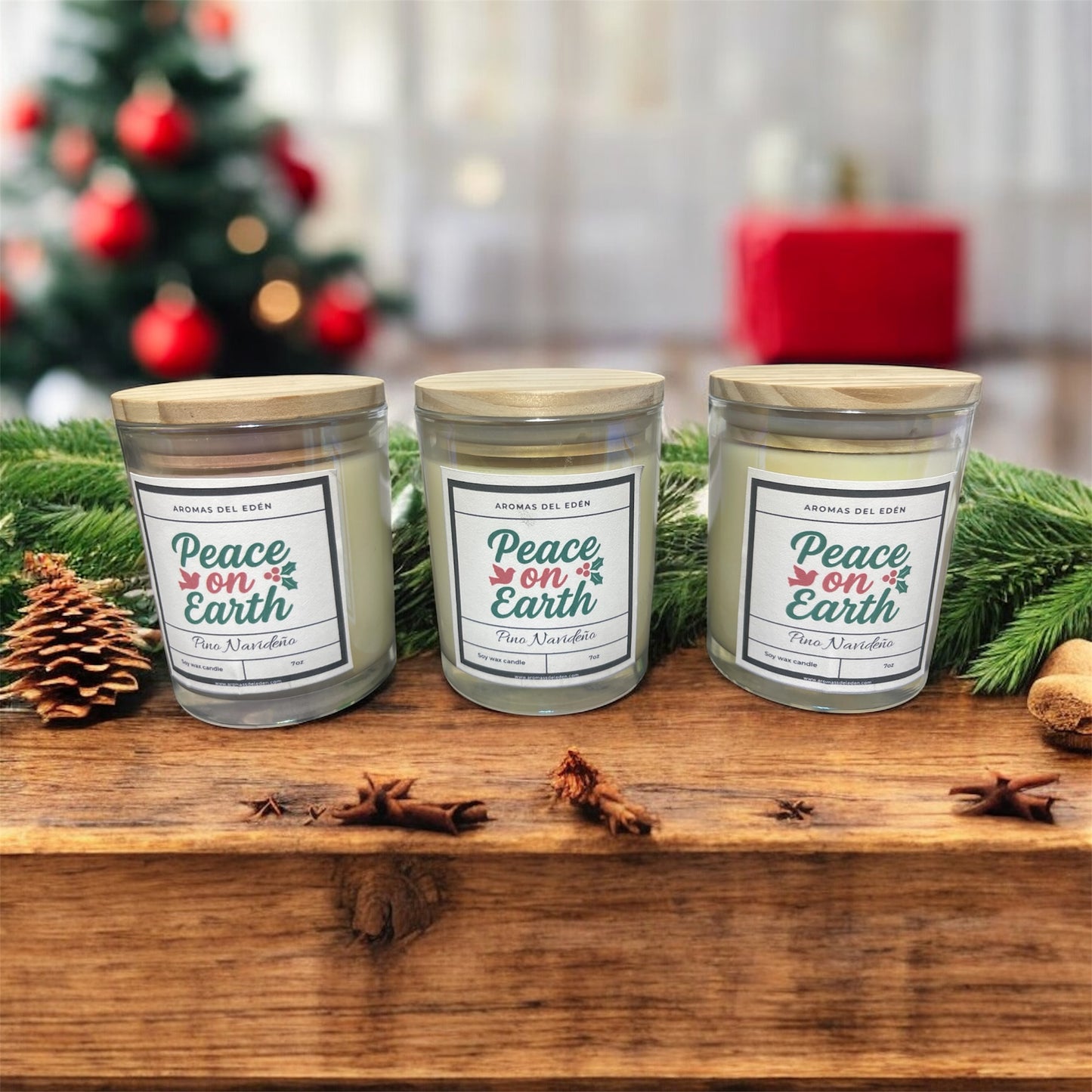 Peace on Earth – Vela Artesanal con Aroma a Pino Navideño