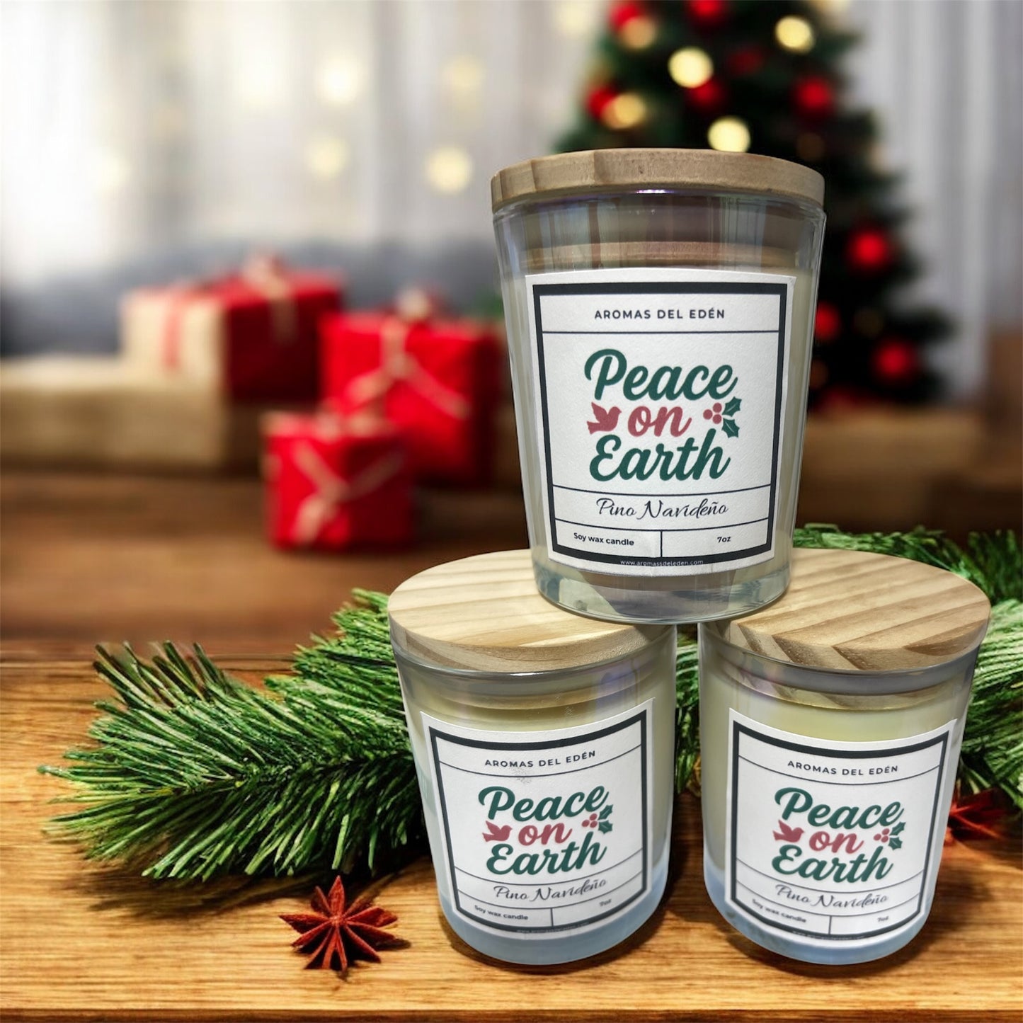 Peace on Earth – Vela Artesanal con Aroma a Pino Navideño
