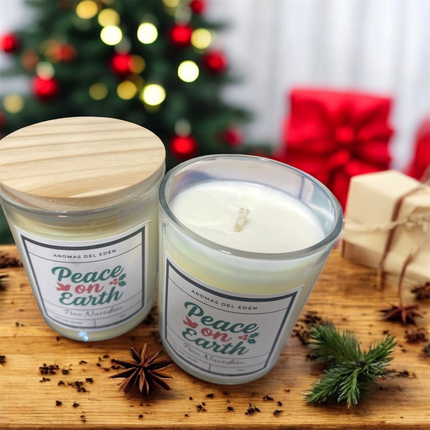 Peace on Earth – Vela Artesanal con Aroma a Pino Navideño