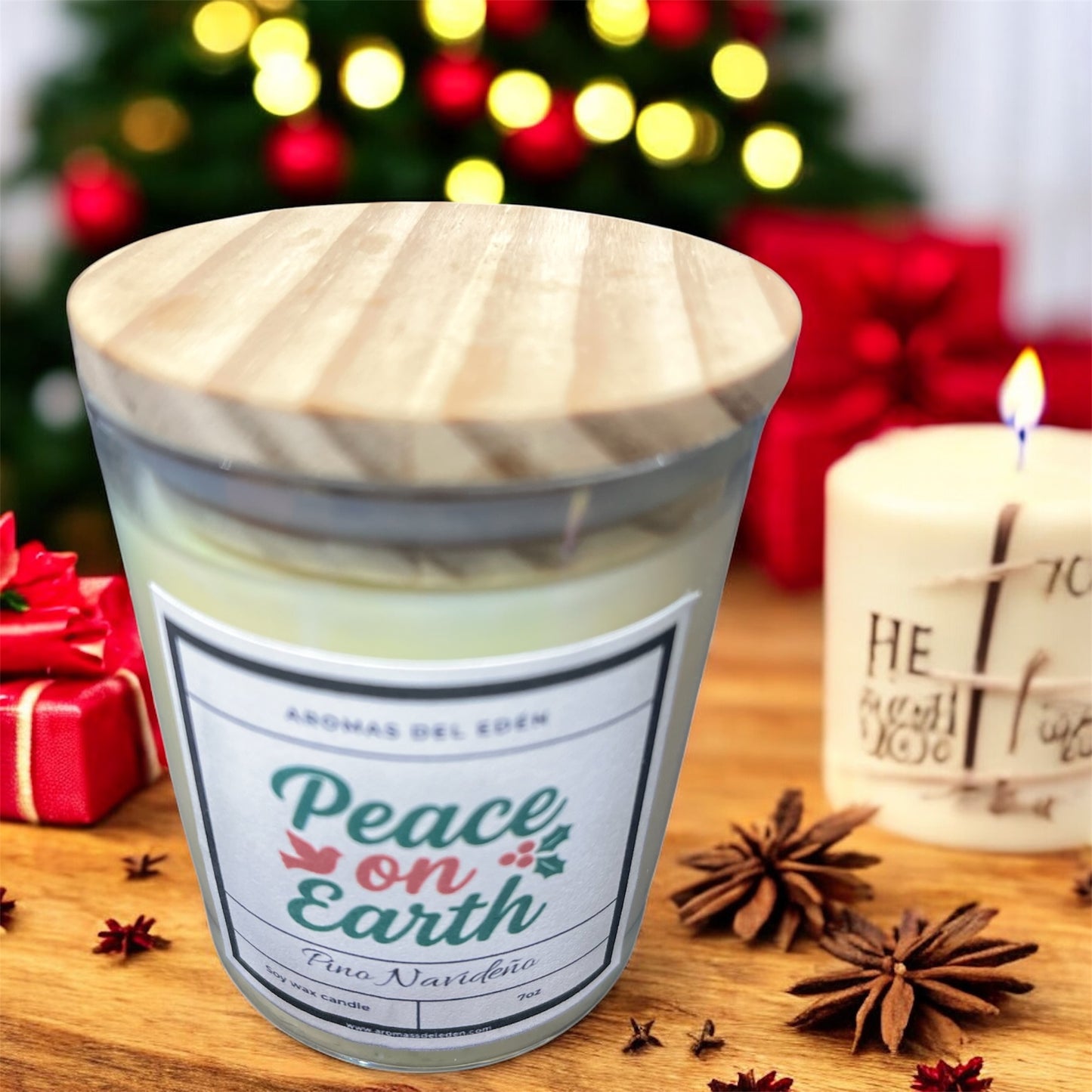 Peace on Earth – Vela Artesanal con Aroma a Pino Navideño